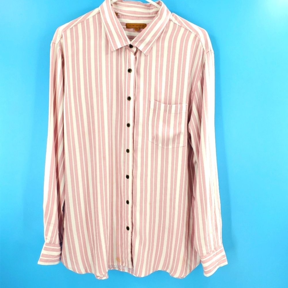 JACHS Girlfriend pink and white stripe button down top
